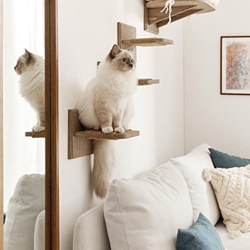 Image of Novecrafto Wall Mounted Cat Shelf Perch Bed With 3 Climbing Steps- Solid Wood Cat Sleeper Platform Shelf With Extra Soft Cushion - Grey Cat Bed