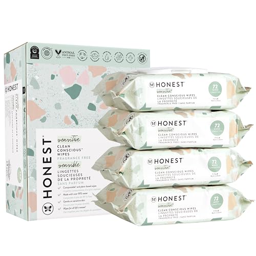 Image of The Honest Company Clean Conscious Unscented Wipes | Over 99% Water, Compostable, Plant-Based, Baby Wipes | Hypoallergenic for Sensitive Skin, EWG Verified | Geo Mood, 288 Count