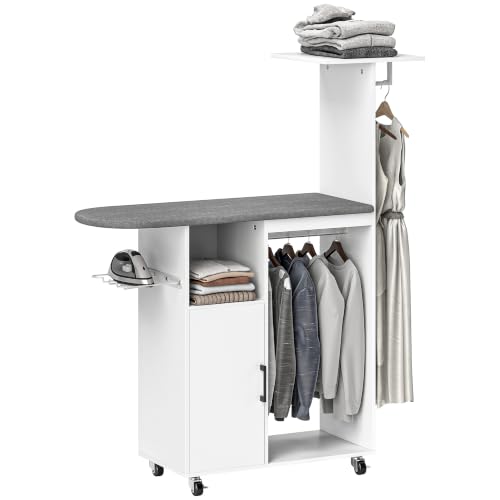 HOMCOM Mueble de Planchar Ruedas Soporte Lateral 127,5x43,5x153 cm Blanco