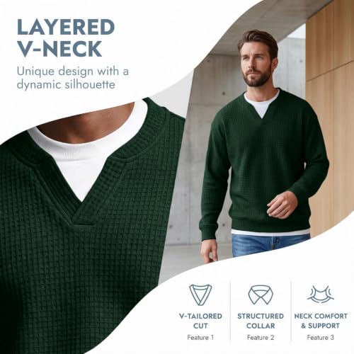 Waffle Long Sleeve Men V Neck Fake 2 Piece Casual Layered Shirt Fall Outfit - image 4