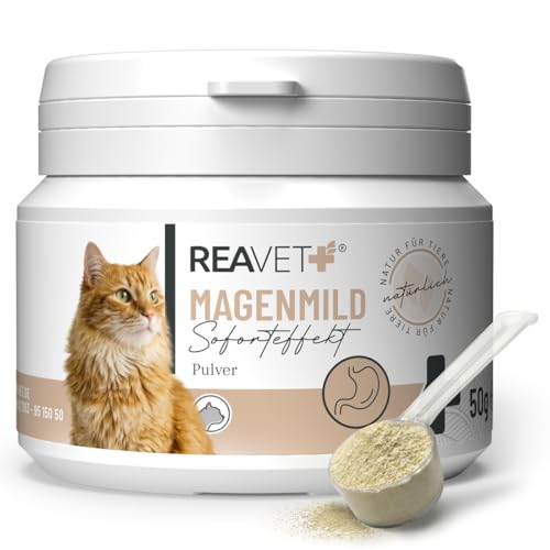 ReaVET Magenmild Pulver für Katzen – Bei empfindlichem Magen, Neigung zu Erbrechen, Würgen, Sodbrennen oder weichem KOT – Magenpulver naturrein mit Bentonit, Heilerde I 50g