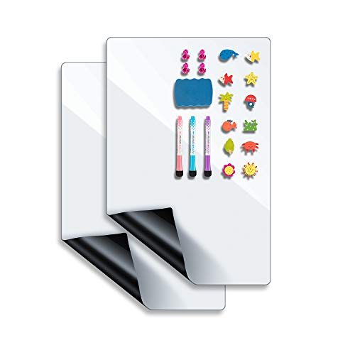 Small Magnetic Dry Erase Board for Fridge 12x8 Inch 2 pcs, Fridge Magnetic Whiteboard for Kids, 2 Whiteboards & 3 Magnetic Pens& 4 Photo Holders& 1 Eraser & 12 Magnetic Stickers Included (12X8,2pcs)