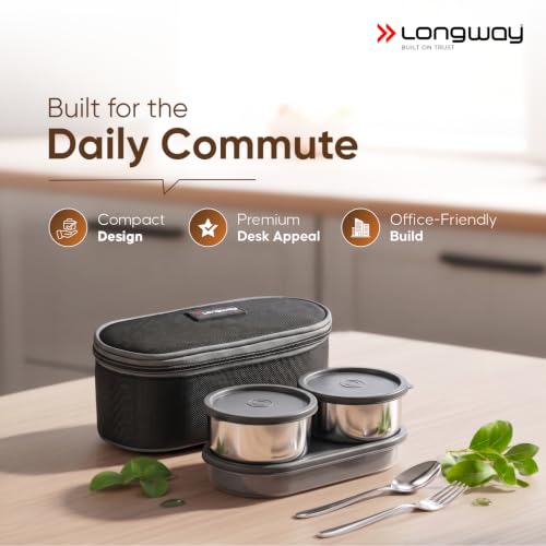 Image of LONGWAY Craveo Stainless Steel Lunch Box with 3 Containers | 2 Round 300ml Each & 1 Oval 500ml | Airtight & Leak Proof with Spoon | Food-Grade Steel Lunch Box for Office, School & College (Black)