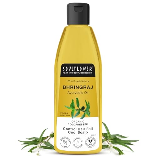 Soulflower Maha Bhringraj Oil for Hair growth 225ml | Natural Hair Growth, Strengthening & Nourishing Roots | Anti-Dandruff, Cooling Scalp Relief | Coconut & Sesame Oil Blend | Pure & Organic
