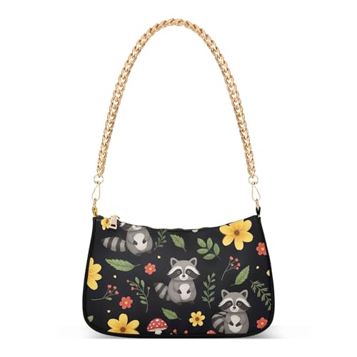 Cute Raccoons Floral Black Party Dressy Purse Hobo Women Tote Handbags Trendy Ladies Shoulder Bag Floral Zipper Closure