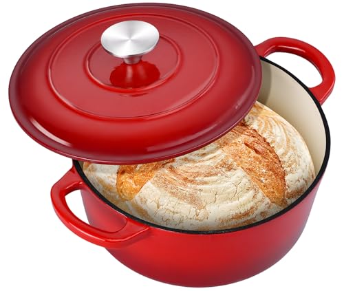3QT Dutch Oven Topf mit Deckel, Leonyo 3 Quart Emailliertes Gusseisen Dutch Oven für Sauerteigbrot Backen, Robustes Kochgeschirr zum Schmoren, Eintöpfen, Braten, Rot