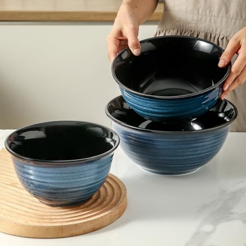 HASENSE Mixing Bowls, Ceramic Serving Bowls Set for Cooking, Baking, Prepping, Large Nesting Bowls for Salads, Fruit, Popcorn, 2.1/1.5/1.0 Qt, Dishwasher & Microwave Safe, Blue by HASENSE - Used condition - Image 7