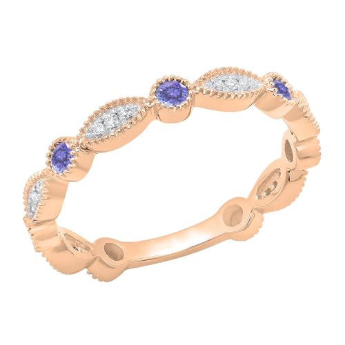 DazzlingRock Collection Anillo de boda para mujer, oro rosa de 14 quilates, redondo, tanzanita y diamante blanco, apilable (talla 10)