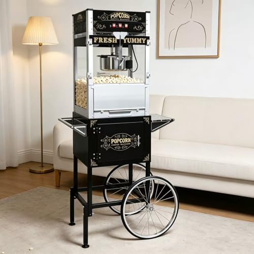 Image of Commercial Popcorn Machine with Cart & Wheels - 26OZ Stainless Steel Kettle Vintage-Style Popper with Tempered Glass Pop corn Machine Maker for Home, Parties, Movie Theater, Black