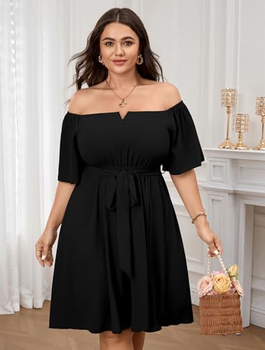 Image of SCOMCHIC Womens Plus Size Cocktail Dress Summer Off Shoulder Short Sleeve Flowy Ruffle A-Line Cute Mini Dress with Belt
