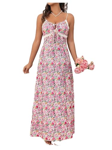 Milumia Women's Floral Lace Trim Cami Maxi Dress Tie Knot Summer Long Dresses Hot Pink Medium