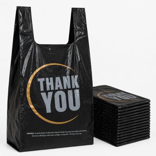 Image of YoYoRain Black Thank you T shirt bag, Grocery shopping bag Reusable and Disposable Supermarket Bag 11''x6''x21'' 300PCS