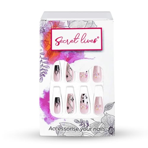 Image of Secret Lives Glossy 3D Artificial Nails with Bow - Black & White French Tip Flame Design Press-On Nails 24 Piece Set with Kit