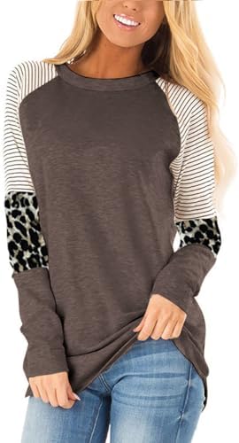 HARHAY 2022 Women’s Leopard Print Color Block Tunic Round Neck Long Sleeve Shirts Striped Causal Blouses Tops