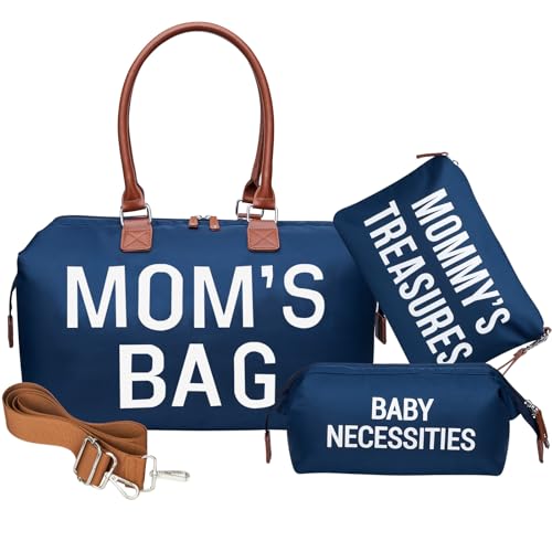 Image of printe Mommy Diaper Bag Tote for Boys with 2 Organizer Pouches, Large Capacity Mom's Bag for Hospital and Weekender Travel, Functional Baby Diaper Bags, Navy