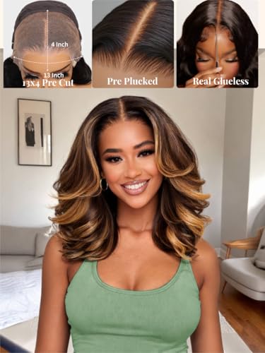 Image of Beauty Forever Glueless Bob Wig Human Hair 13x4 HD Lace Front Body Wave Drawstring Wig Chocolate Brown with Golden Highlights Pre Plucked Pre Cut French Bob 150% Density Ready to Wear 14inch