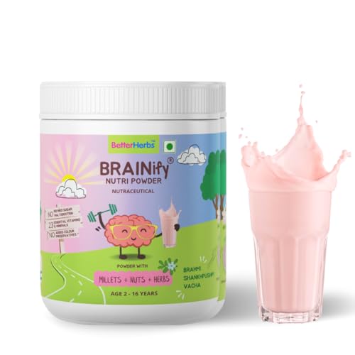 Better Herbs Brainify Strawberry Nutrition Drink Powder - 350g | Milk Mix for Kids | 2-16 Years | No Refined Sugar | 7 Herbs + Millets + Nuts | 23 Essential Vitamins & Minerals | Healthy Development