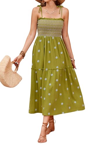 Image of R.Vivimos Womens Summer Cotton Boho Midi Dress 2026 Spaghetti Strap Floral Embroidered Smocked Tiered Flowy Long Dresses