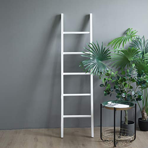 FUIN 6 Ft Wood Wall Leaning Decorative Ladders Shelves Rack for Blanket Quilt Towel Throws Scarves Storage, Rustic Farmhouse Bathroom Bedroom, White