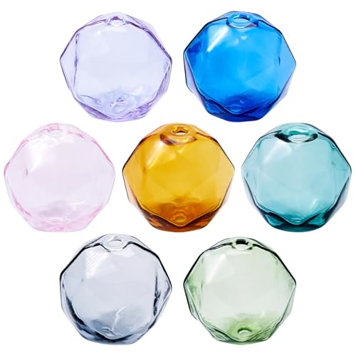 FASHEWELRY 7Pcs Transparent Round Hollow Glass Crystal Beads 15mm Clear Glass Globe Beads 7 Colors Empty Wish Ball Bead for Wind Chimes Craft Necklace Jewelry Making