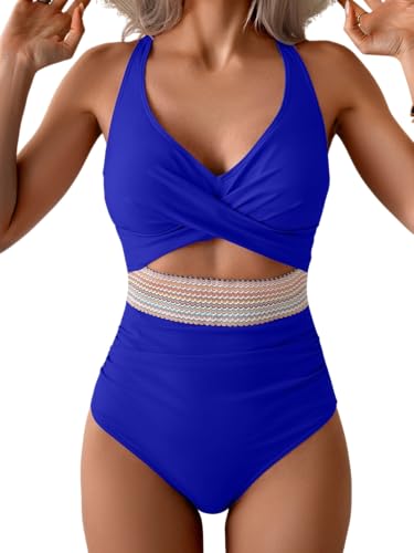 Image of B2prity Women's One Piece Swimsuit Tummy Control High Waisted Bathing Suit | Color Block,Removable Soft Cups,Cutout,V neck,Full Coverage,Adjustable Criss Cross Straps,Tie Back