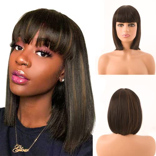 REVIVI Black mix Brown Short Straight with Bangs Wig for Women, Synthetic Bob Wigs Natural Looking Straight Ladies Daily Hair Wig 12''