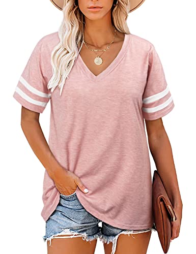 Voqeen T-Shirt Femme Col V Top Décontracté à Manches Courtes Top Basique à Rayures pour l'été, Taille L, Rose