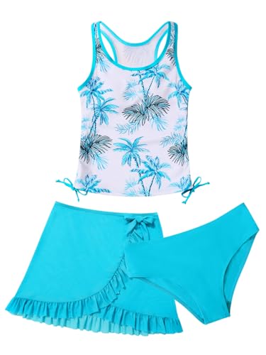 ESHOO Girls Swimsuit 3 Piece Tankini Suit Quick Dry Bathing Set with Cover Up Beach Skirt Kids Swimwear for 7-14 Years