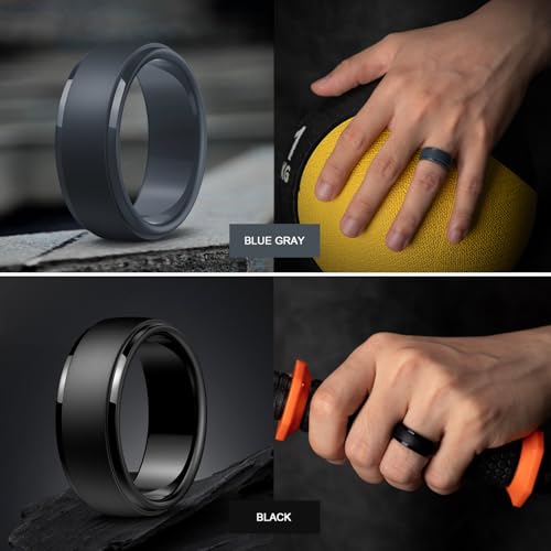 Image of Egnaro Men's Silicone Wedding Rings: Classic Black Step Edge Rubber band 10mm Wide 2.5mm Thick- Hypoallergenic for Gym /Outdoor /Gift(1 /4 /7 Variety Pack with Half Size)