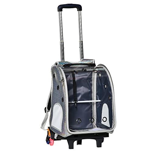 PawHut 2 en 1 trolley chariot sac à dos sac de transport à roulettes pour chat chariot panier à roulette porte transparente longueur de tige de traction réglable 34 x 30 x 54 cm gris