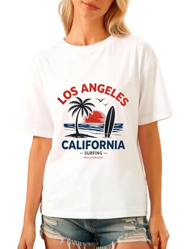 Topexce Womens Los Angeles California Graphic T Shirts Beach Palm Tree Surfing Graphic Tees Summer Casual Tropical Shirts Short Sleeve Tshirts White Medium