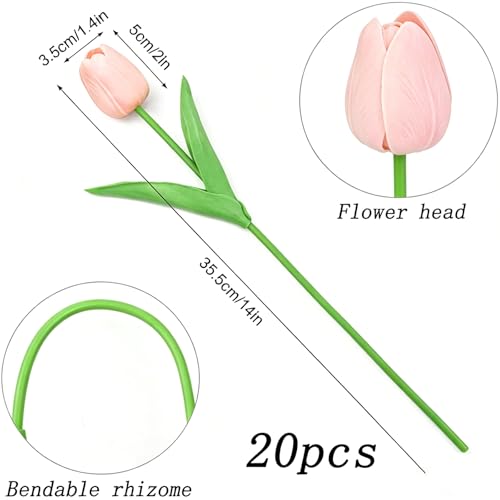 Image of 20Pcs Stems 13.5 Inch Candy Pink PU Artificial Moisturizing Tulips, Faux Candy Pink Tulips Flowers for Thanksgiving Christmas Decorations Wedding Home Table Vase Floral Arrangements