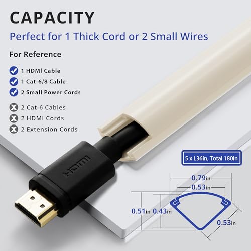 Image of ZhiYo Corner Cable Concealer, Corner Cord Hider for One Cord, 180in (5 x L36in) Wire Covers for Cords, Paintable Cord Cover, Cable Management Channel Raceway for Wall, Floor Baseboard, Ceiling, Beige