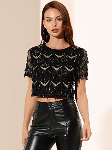 Allegra K Women's Sequin Shiny Glitter Crop Top Christmas Short Sleeves Sexy Party Tassel T-Shirt4