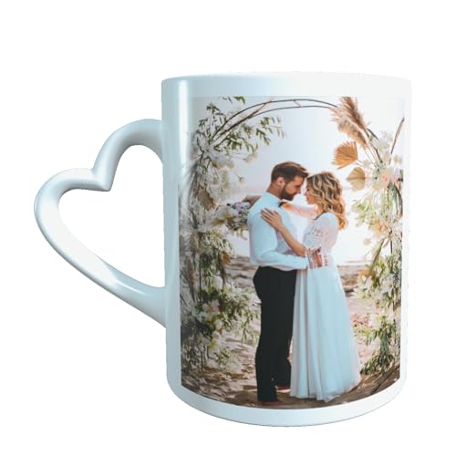 YONACREA Mug Anse Coeur personnalisable avec 1 ou 2 photos images logo et texte de votre choix - amoureux famille amour naissance mariage fiançaille...
