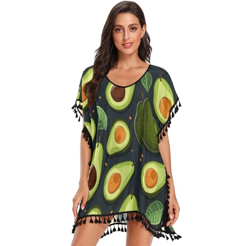 KAAVIYO Green Pear Fruit Women's Beach Cover Up Chiffon Tassel Swimwear Swimsuit Coverups for Girl