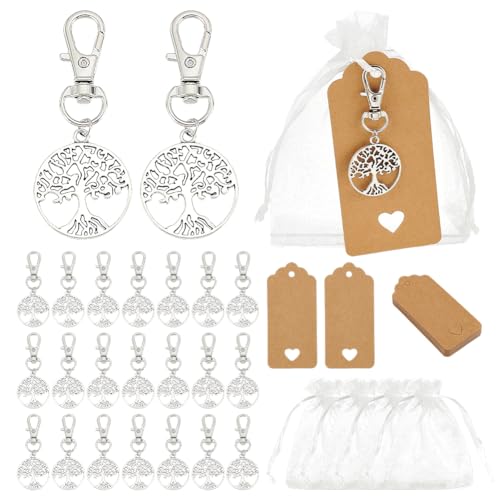 PH PandaHall 24 Sets Porte-clés Arbre de Vie Cadeaux de Fête Sacs Cadeaux en Organza Cadeau de Mariage Porte Clés Arbre Argenté avec Étiquettes Vierges...