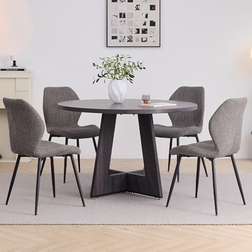 Image of 47 inch Round Dining Table Set for 4, Kitchen Table and Chairs | Wooden Cross Base, Boucle Fabric Chair, for Apartment