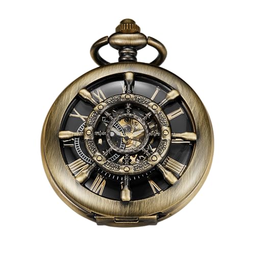 Image of Men's Mechanical Pocket Watch Black Rudder Pattern Double Open Hollow Roman Numerals Pocket Watch