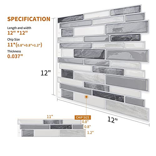 WOWSTAR 10-Sheet Peel and Stick Backsplash Tile for Kitchen Wall, Back Splash Stick On Tiles for Kitchen (12"x 12", Gray)