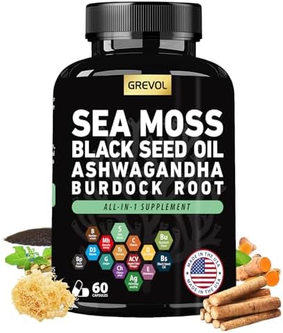 Sea Moss Black Seed Oil Ashwagandha Bladderwrack Burdock Root Turmeric & Vitamin C D3 Elderberry ACV Black Pepper - Multimineral Supplement - 60 Count