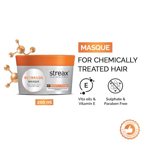 Image of Streax Professional Botbrazil Masque,For Chemically Treated Hair With Vita Oil Complex,Hydrating Hair Mask For Deep Repair & Nourishment For Keratin, Colour & Straightened Hair,200 Gram