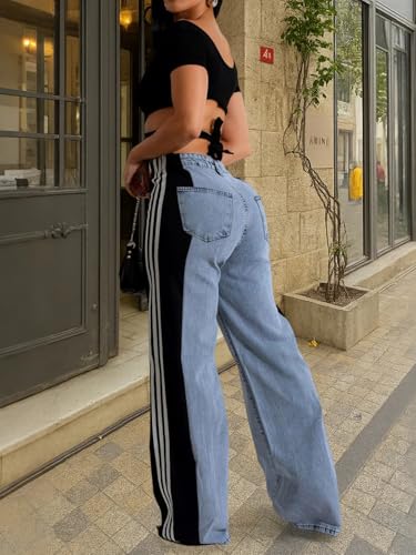 knowfashionstyle Womens Jeans High Waisted Wide Leg Patchwork Stripes Stretchy Jean Color Block Straight Trendy Demin Pants4