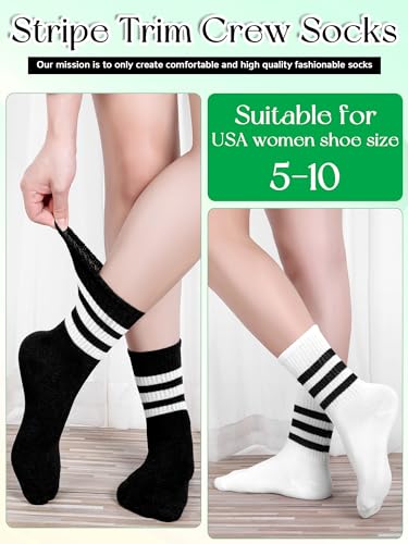 6 Pairs Striped Crew Socks for Women Casual Retro Cute Cotton Striped Tube Athletic Socks Solid Color for Sports Running3