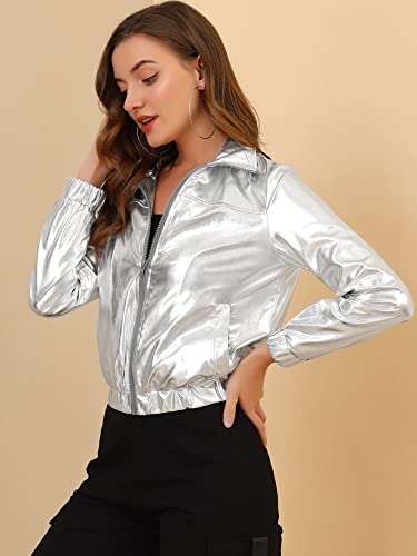 Allegra K Women's Holographic Shiny Party Christmas Long Sleeve Lightweight Zipper Metallic Jacket4