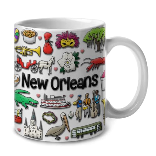 Lotacy New Orleans Colorful Coffee Mug With Emboss Symbols, New Orleans Ceramic Mug 11oz Coffee Mug, New Orleans Souvenirs And Gifts