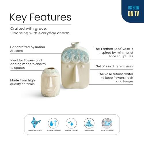 Image of ExclusiveLane 'Earthen Face' Decorative Ceramic Flower Vase For Living Room Ceramic Vase for Home Decor Side Table Show Case Flower Vases Showpiece Gifts (Set of 2, 22.4 Cm, Handglazed Studio Pottery)