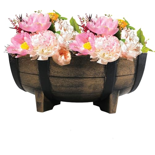 Juego de macetas para plantas: jardineras de barril de whisky, jardinera de barril | Macetas para plantas de jardín al aire libre, barril tradicional marrón con bandas plateadas, diseño de barril para