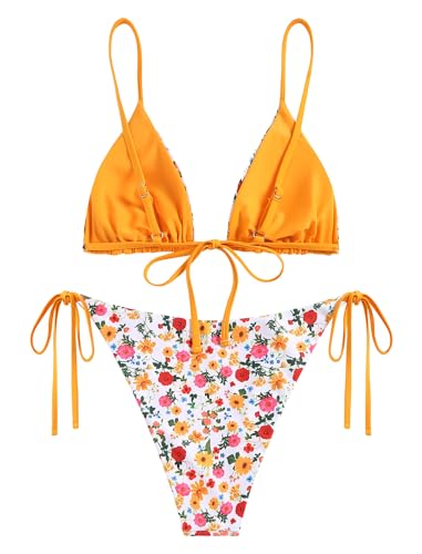 Image of ZAFUL Women's Triangle Bikini Floral String Bikini Set Two Piece Swimsuit Bathing Suits