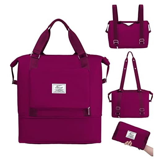 Hoseay Bolsa de Viaje Plegable Bolso Deporte Mujer Niña, Grande Mochila Bolsas Gimnasio Impermeable Ligera Bolsa Deportiva con Bolsillo Húmedo, Bolso Fin Semana para Gym Entrenamiento, Morado Oscuro